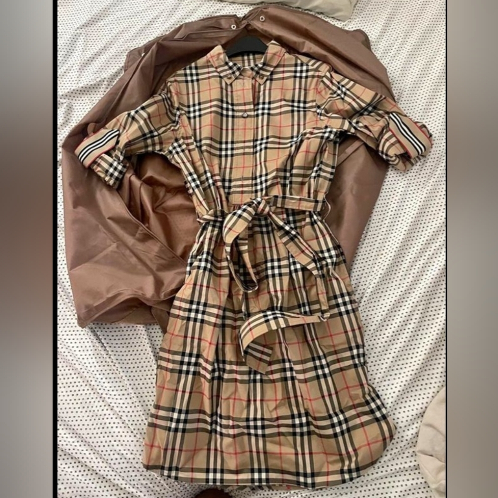 Burberry Beige Nova Check Belted Shirt Dress with Black & Red Accents